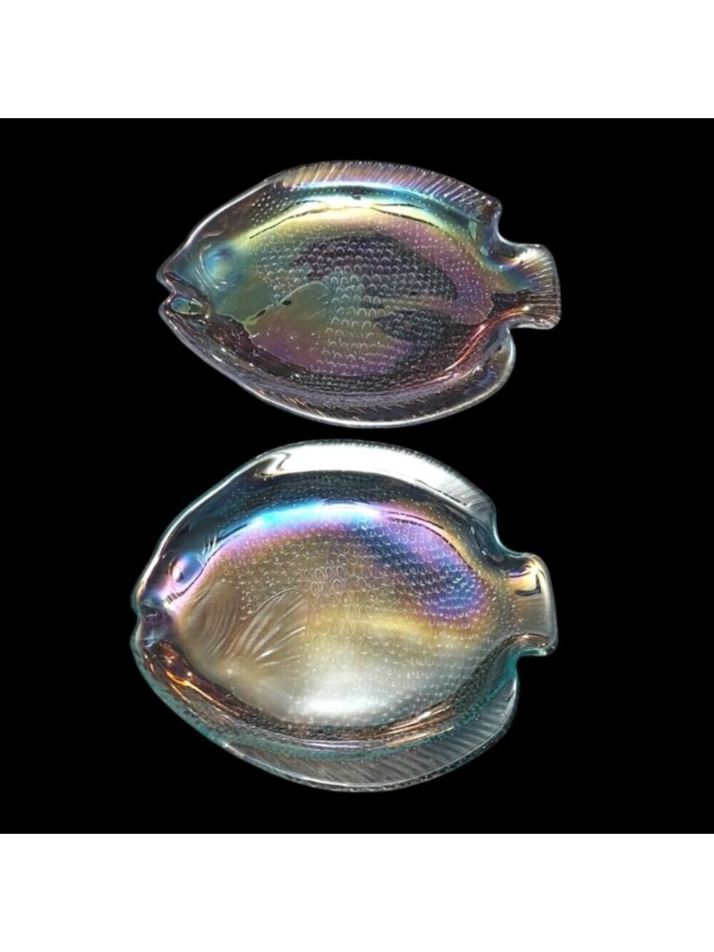Vintage Arcoroc Poisson Iridescent Glass Fish Shaped Serving Plates Set Of 2